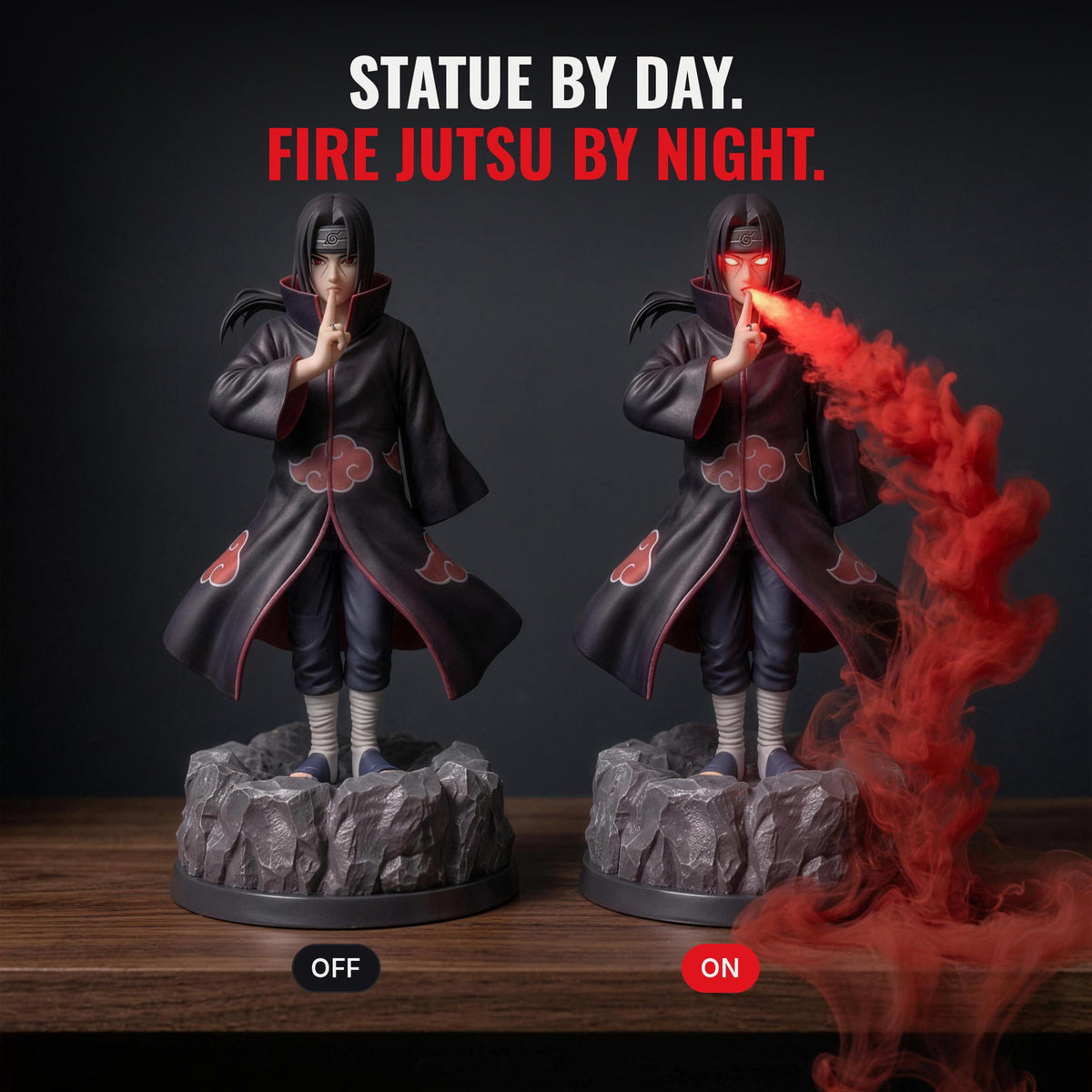 Statue by day, fire jutsu by night: OFF and ON